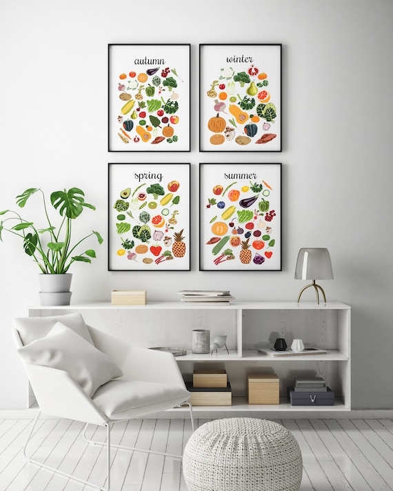 Wall Art Framed Prints Illustrative Seasonal Food Chart Minimalist Set