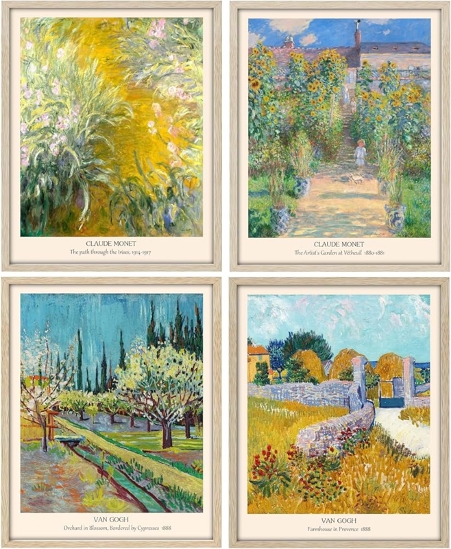 Wall Art Framed Set Impressionist Landscapes Light Wood Vintage
