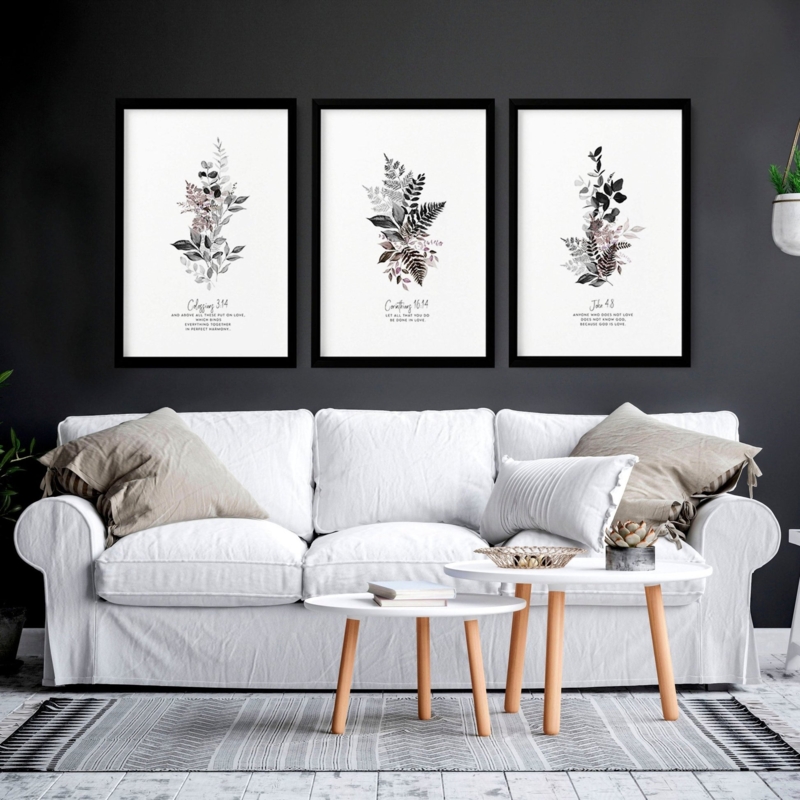 Wall Art Framed Set of 3 Scripture Quotes Monochrome Botanicals