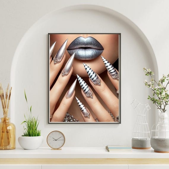 Wall Art Framed Silver Metallic Lips Stiletto Nail Art Glam