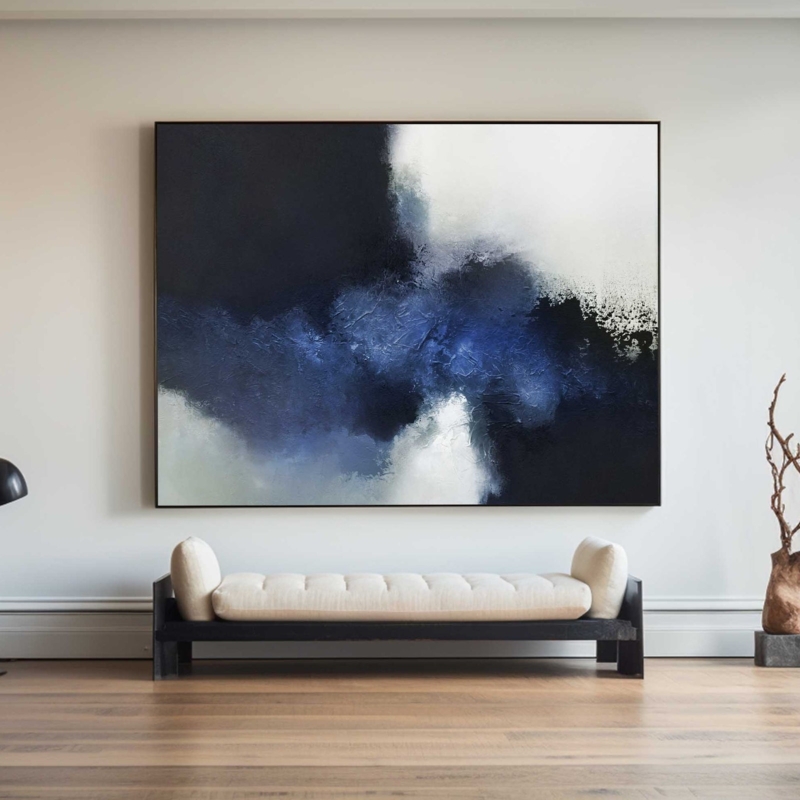 Wall Art Framed Textured Paint Canvas, Large Scale Indigo Canvas Art