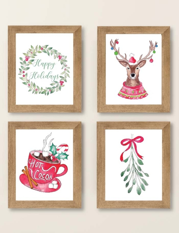 Wall Art Framed Watercolor Christmas Prints Seasonal Gallery Wall Set