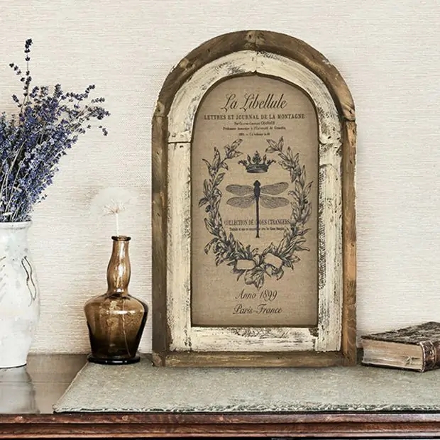 Wall Art: French Country Arched Frame Dragonfly Motif Linen Print
