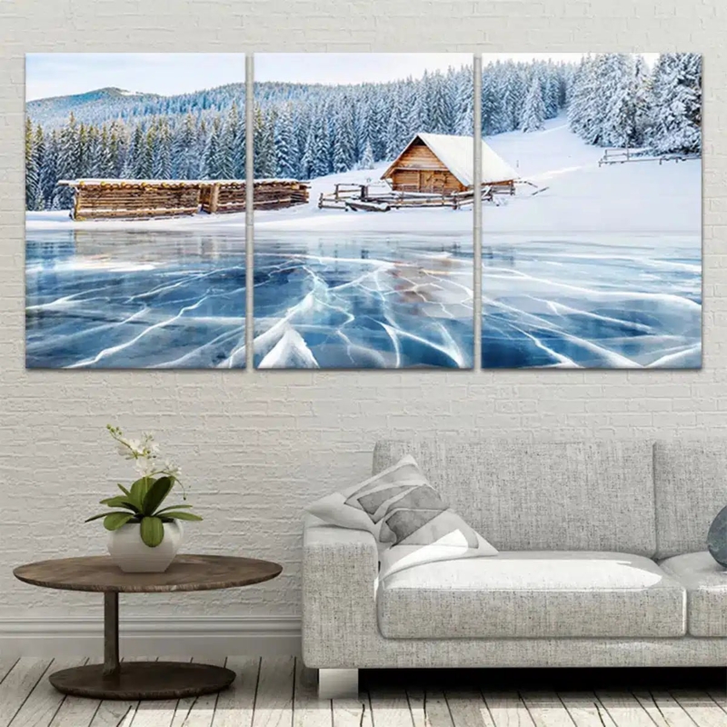 Wall Art: Frozen Lake Canvas Wall Decor, Triptych Format, Wide Panoramic View