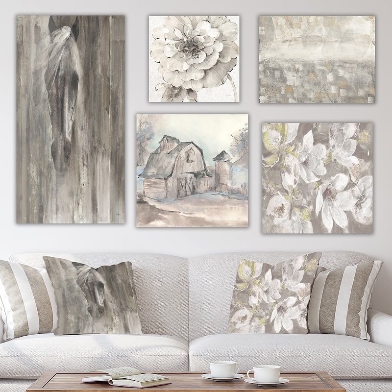 Wall Art Gallery Set 5-Piece Farmhouse Monochromatic Grey Illustrative