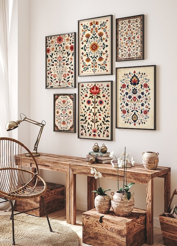 Wall Art Gallery Set Staggered Arrangement with Thin Black Frames