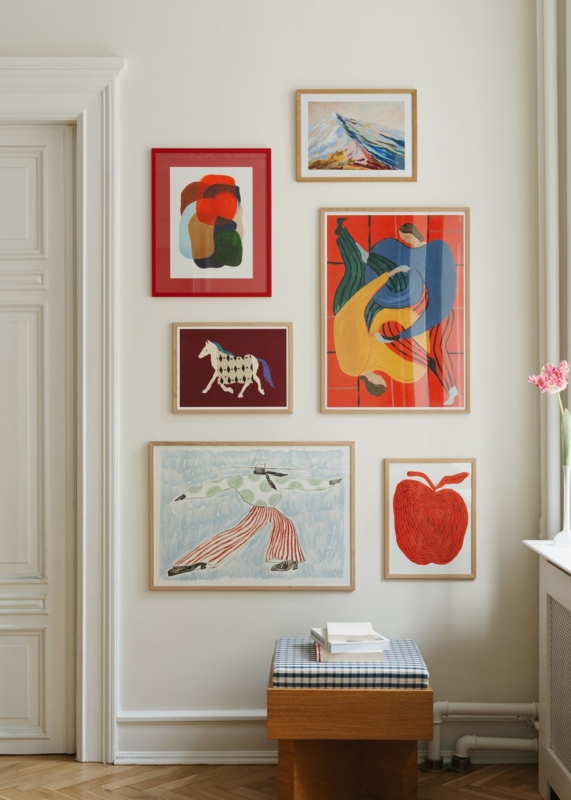 Wall Art Gallery Wall with Red Accent Frame & Eclectic Prints