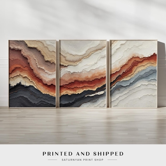 Wall Art Geological Layers Triptych Impasto Texture Framed Set