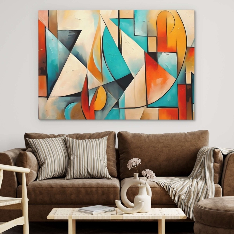 Wall Art Geometric Abstract Canvas Teal Orange Contemporary Decor