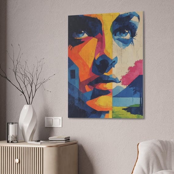 Wall Art: Geometric Abstract Portrait Canvas Styled on Fluted Sideboard