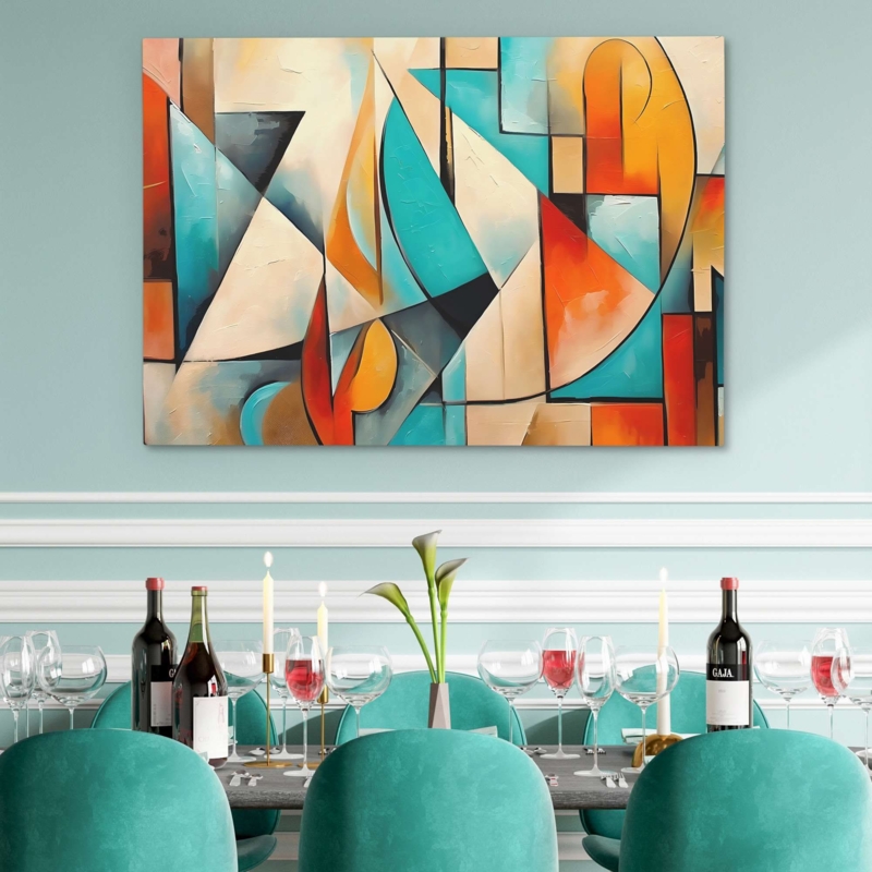 Wall Art Geometric Canvas Large Teal Orange Mid-Century Abstract