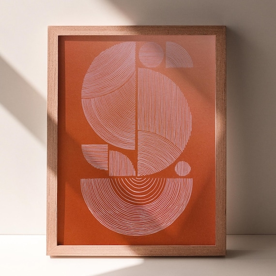 Wall Art Geometric Line Drawing Terracotta Mid-Century Matte Frame