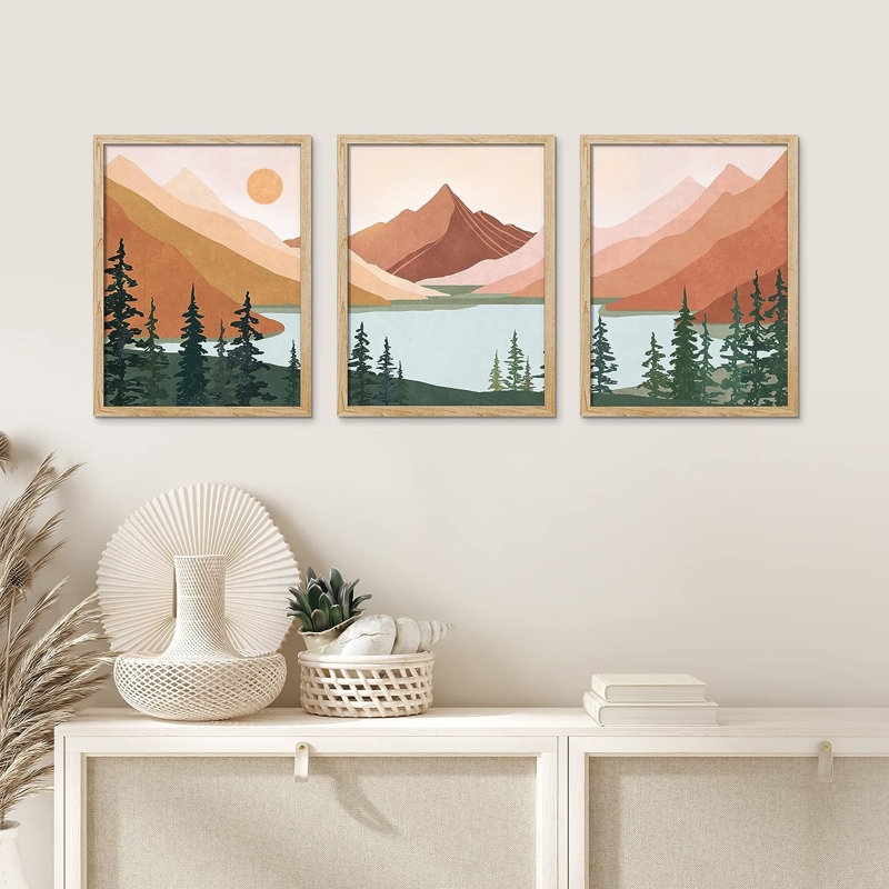 Wall Art Geometric Mountain Art Triptych Wood Frames Scandinavian