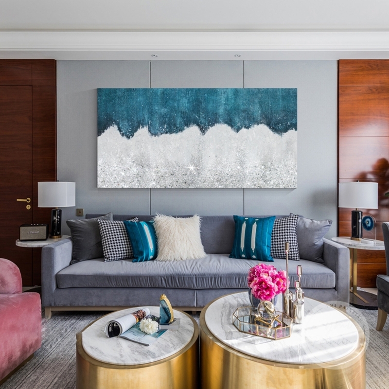 Wall Art Glitter Texture Teal Silver Gradient Horizontal Abstract