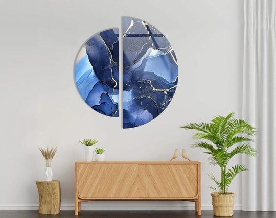 Wall Art: Glossy Circular Diptych with Blue and Gold Marble Pattern (72)