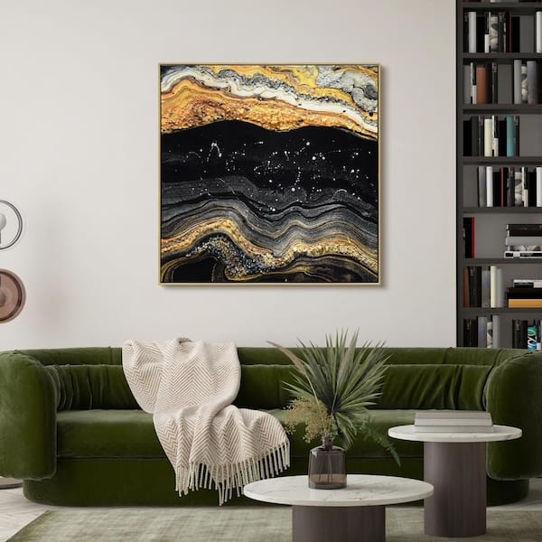 Wall Art: Glossy Epoxy Agate Inspired Canvas, Thin Gold Frame