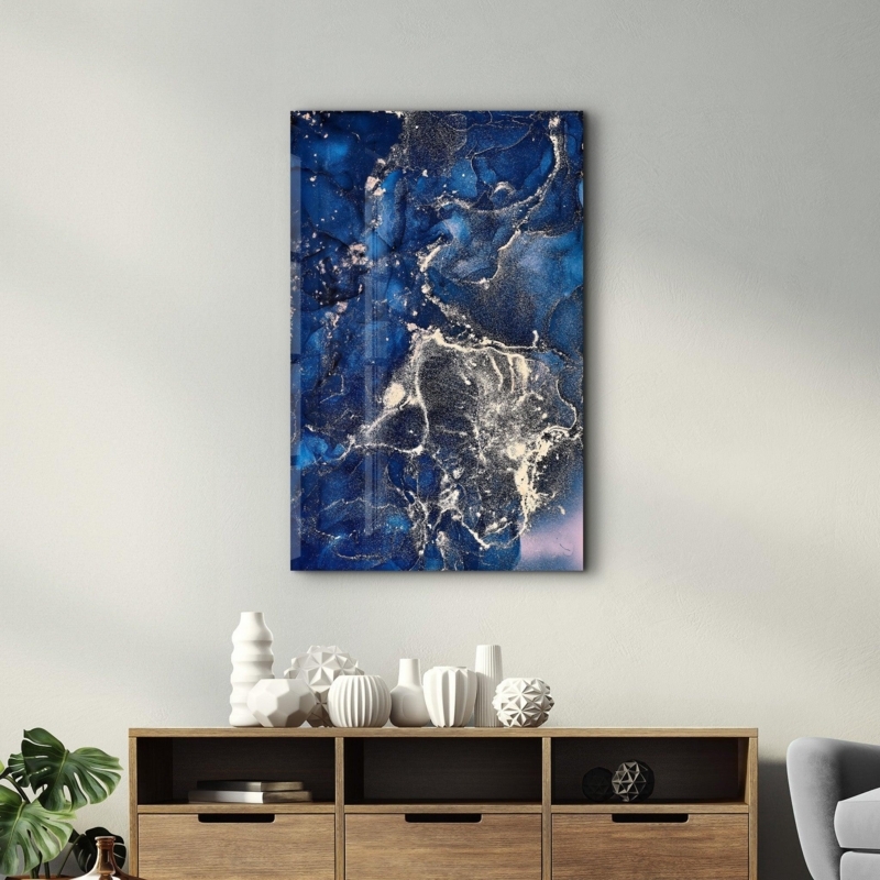 Wall Art Glossy Glass Panel Shimmering Gold Veins, Navy Wave Pattern
