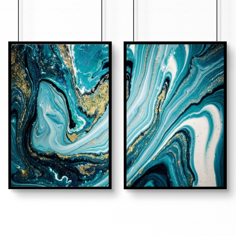 Wall Art: Glossy Teal and Navy Fluid Marble Design with Gold Accents (74)