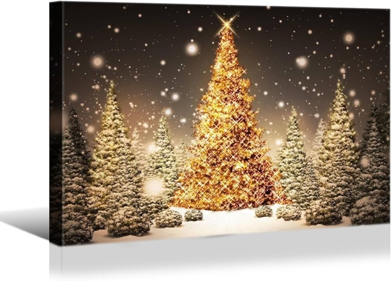 Wall Art, Glowing Golden Tree, Bokeh Snow, Golden Christmas Tree