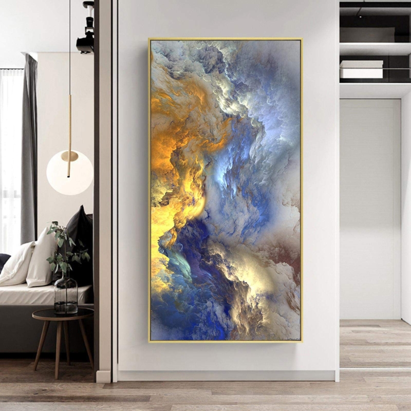 Wall Art Gold Framed Celestial Abstract Art Vertical Blue Yellow