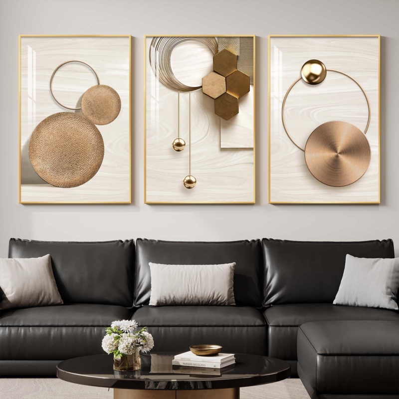 Wall Art Gold Geometric Triptych 3D Effect, Luxury Gold Wall Art Set