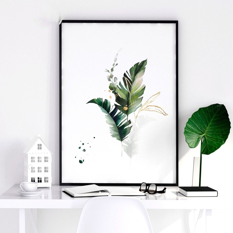 Wall Art Gold Leaf Accents Watercolor Style Black Frame Botanical Print