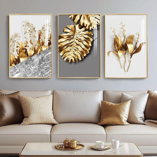 Wall Art Gold Leaf Botanicals Triptych Layout Framed Modern Glam Decor