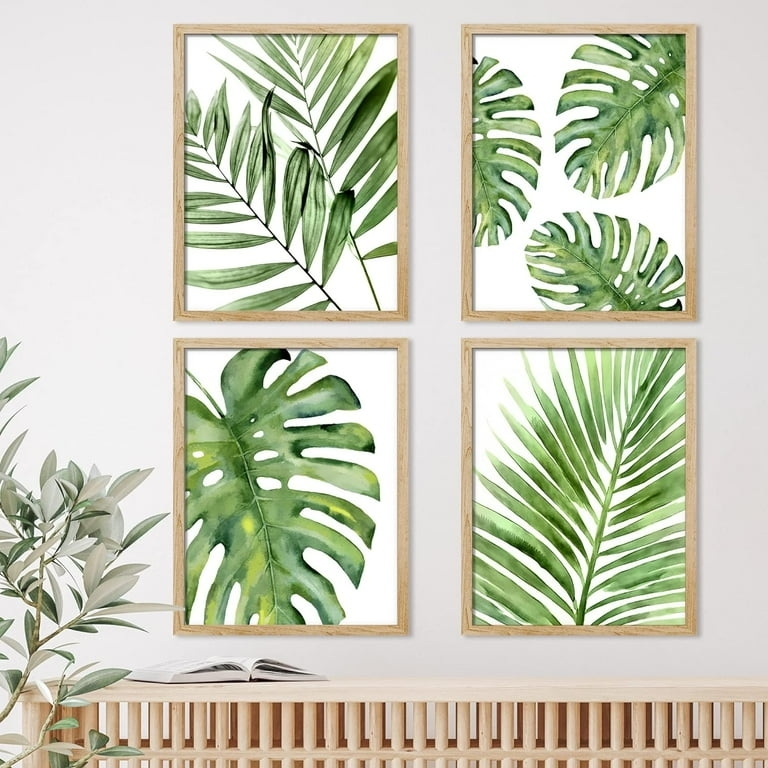 Wall Art Grid Arrangement Watercolor Botanicals Light Wood Frames Set