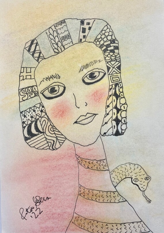 Wall Art: Hand Signed Whimsical Portrait Print Patterned Hair Snake Motif