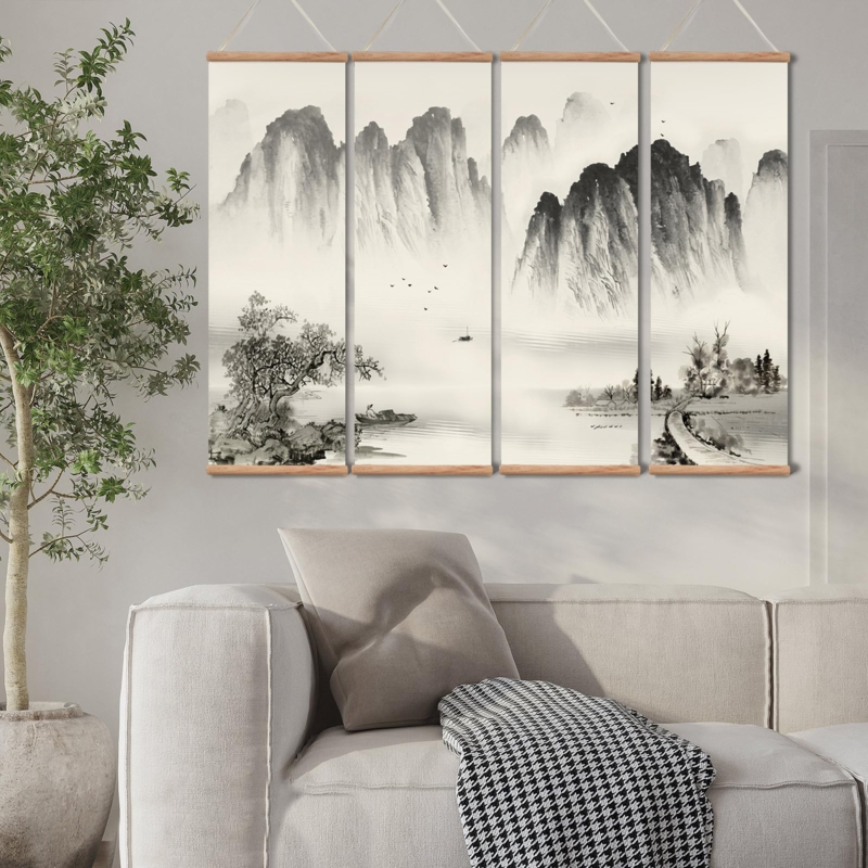 Wall Art Hanging Scroll Set Traditional Chinese Ink Landscape Panels