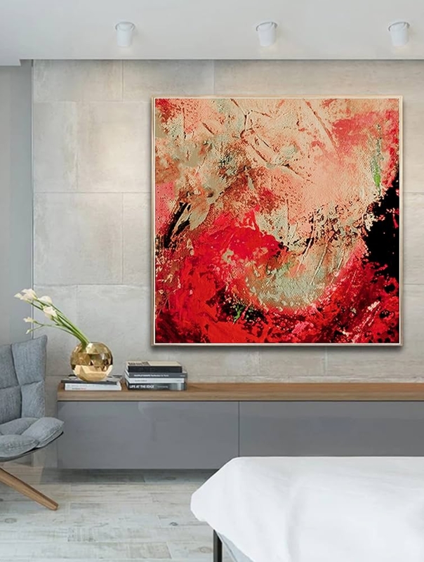 Wall Art Heavy Impasto Texture Square Abstract Canvas Oversized Red
