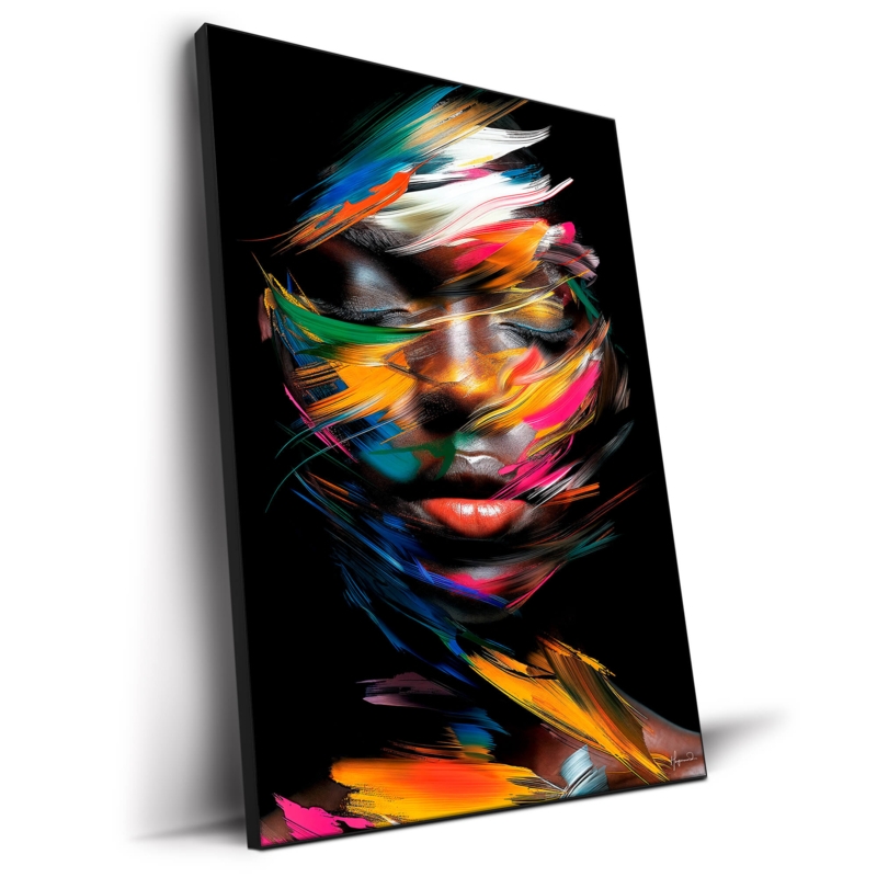 Wall Art: High Contrast Portrait, Colorful Strokes on Black Background