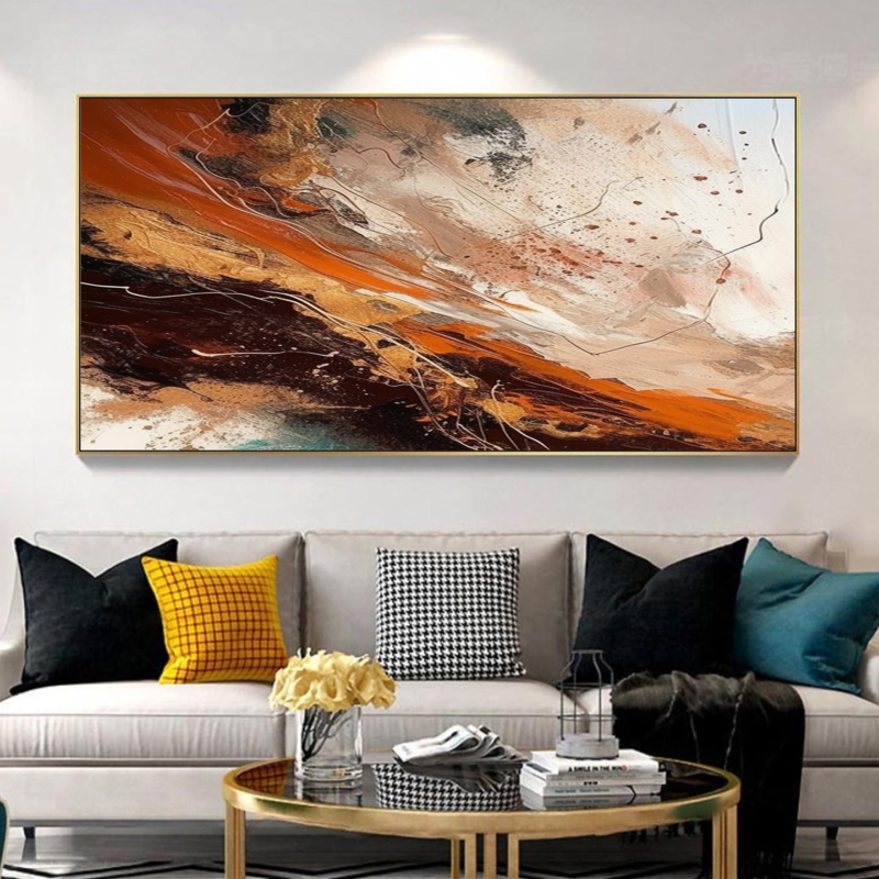 Wall Art: Horizontal Abstract Painting for Over Sofa with Mixed Patterns