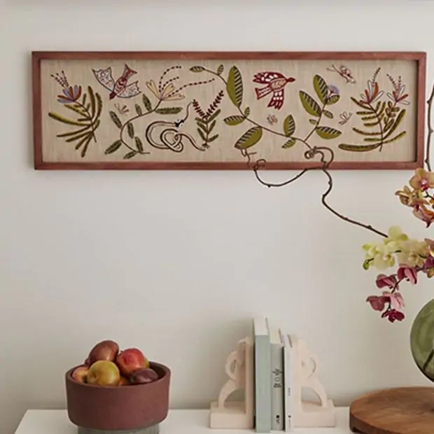 Wall Art Horizontal Format with Embroidered Motifs Folk Art Style