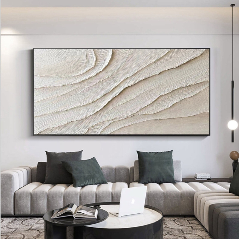 Wall Art Horizontal Oversized Canvas Heavy Impasto White Textured