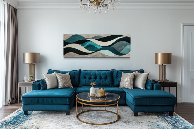 Wall Art Horizontal Wave Art Metallic Gold Accents Coastal Modern