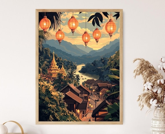 Wall Art Illustrated Print with Laos Temple Imagery and Lanterns