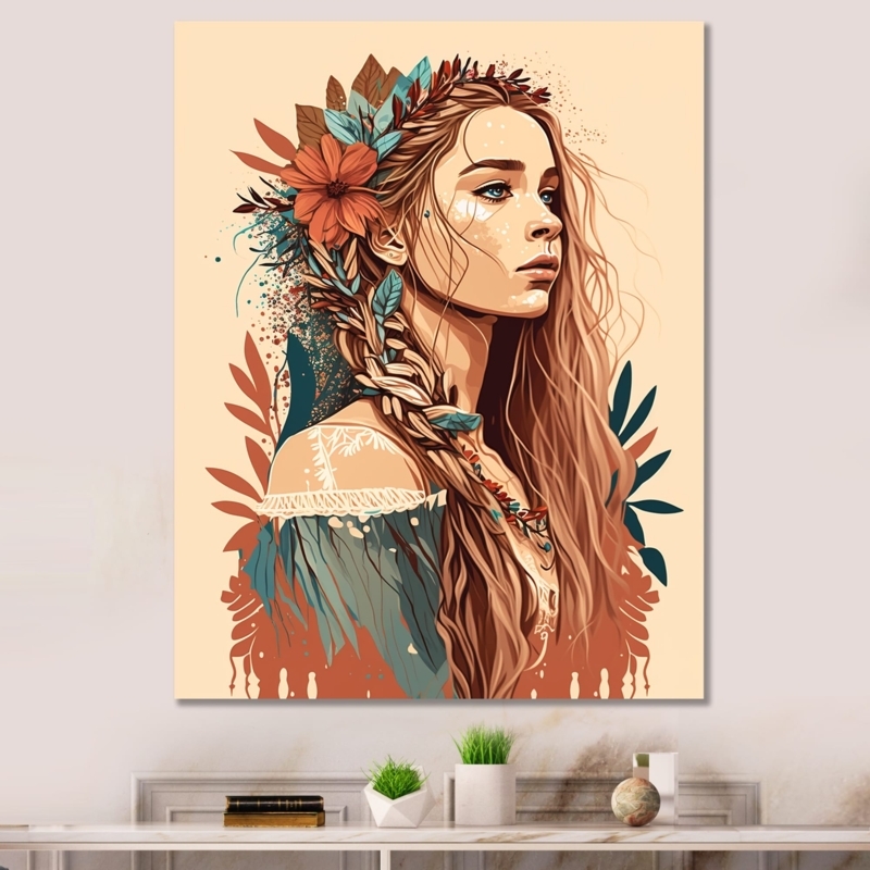 Wall Art: Illustrative Boho Portrait Print, Floral Crown, Earth Tones