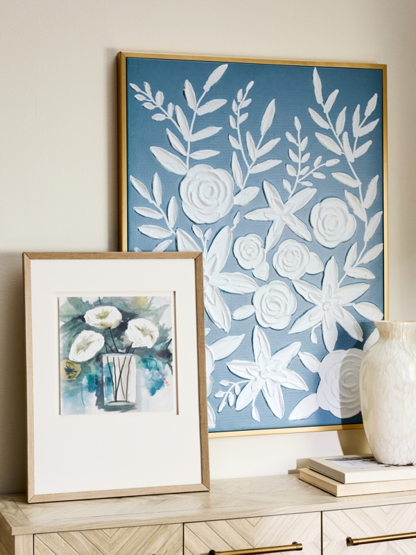 Wall Art: Impasto Floral Design with Blue and White Tones