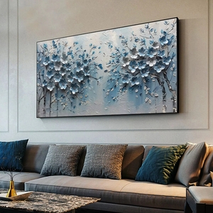 Wall Art Impasto Texture Blue Floral Motif Large Scale Canvas