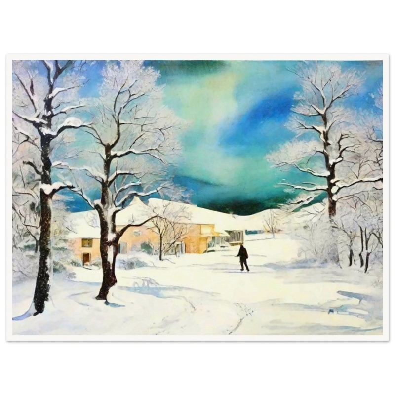 Wall Art: Impressionist Snowy Scene Decor, Swirling Teal Sky, Farmhouse Detail