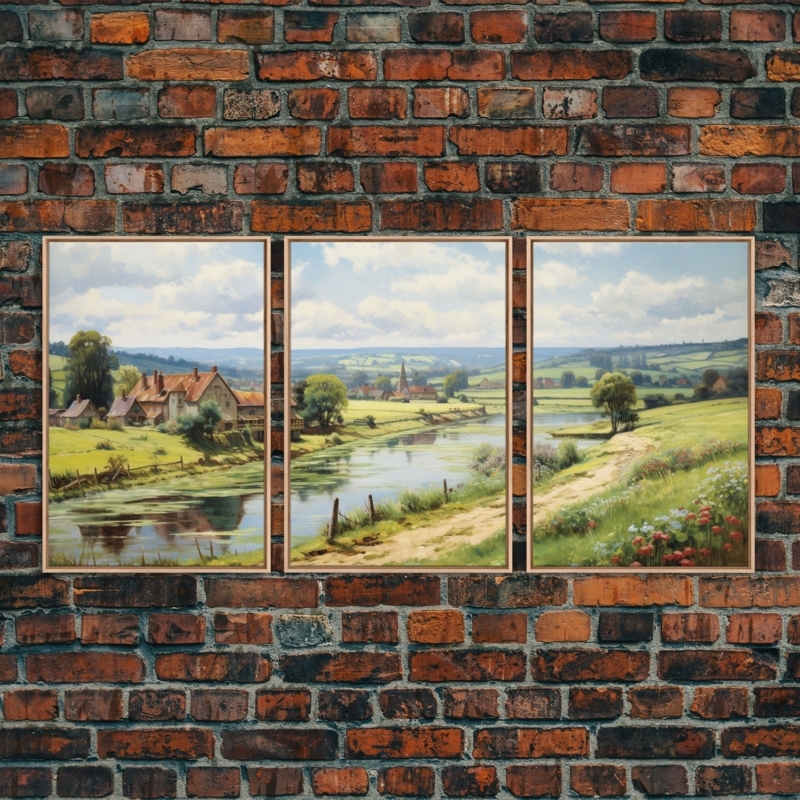 Wall Art: Impressionistic Landscape Triptych Set in Light Wood Frames