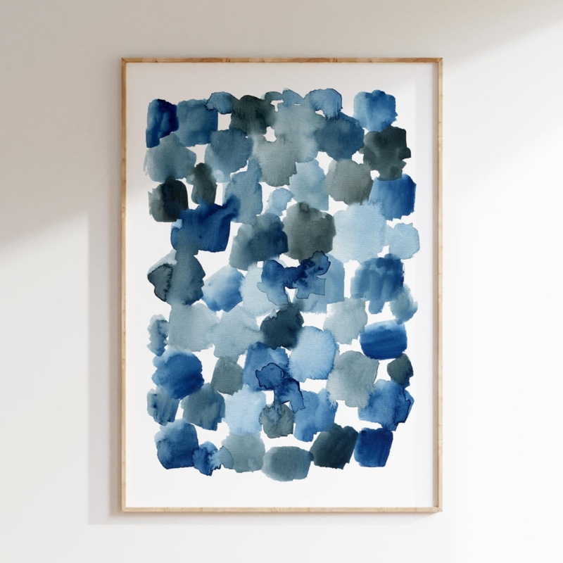Wall Art Indigo Palette Organic Geometric Shapes Watercolor Framed