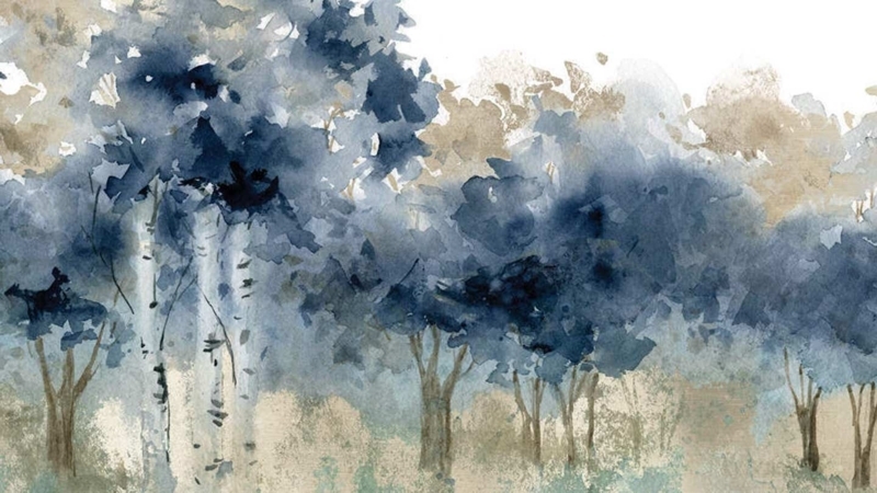 Wall Art Indigo Watercolor Wash Abstract Birch Forest Misty Effect