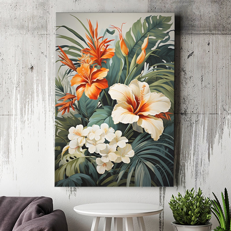 Wall Art Industrial Concrete Backdrop Hibiscus Floral Motif Unframed