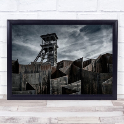Wall Art: Industrial Headframe Tower Print with Rusty Geometric Shapes