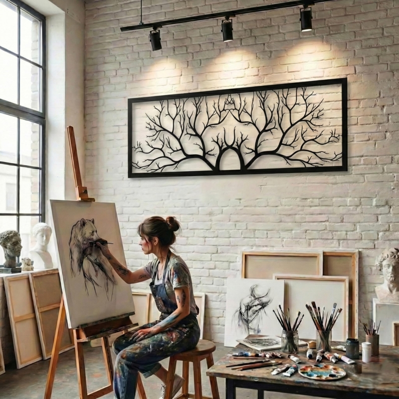 Wall Art: Industrial Matte Black Metal Tree Branch Silhouette Decor