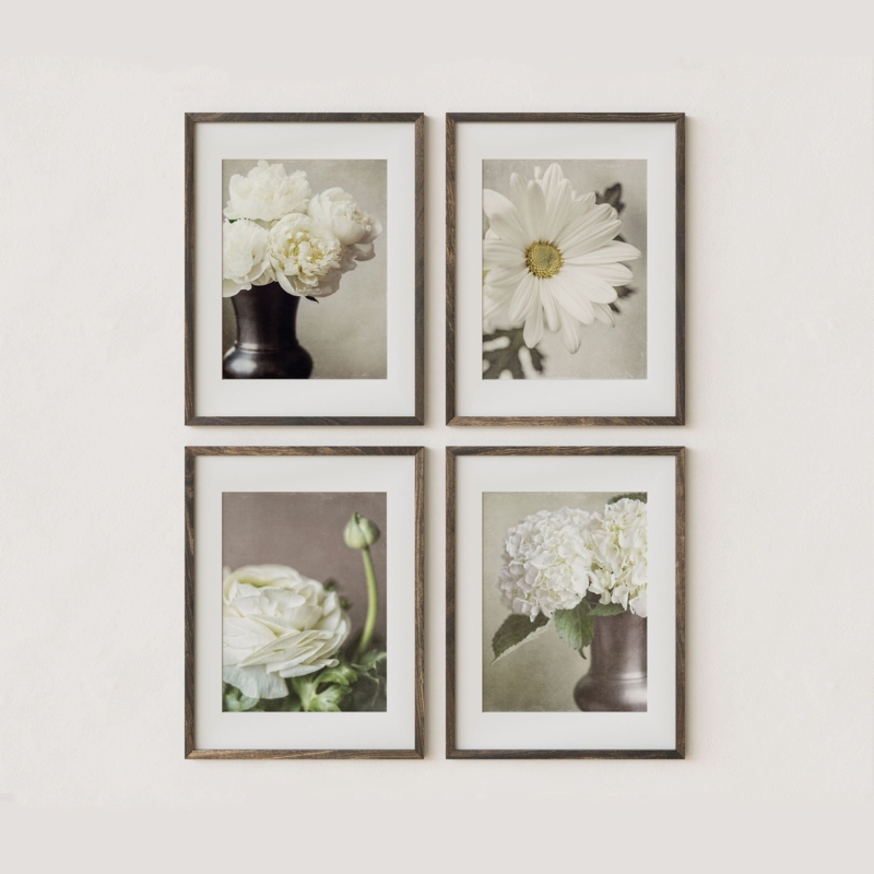 Wall Art: Ivory Flower Photography Set of 4 in Dark Wood Frames