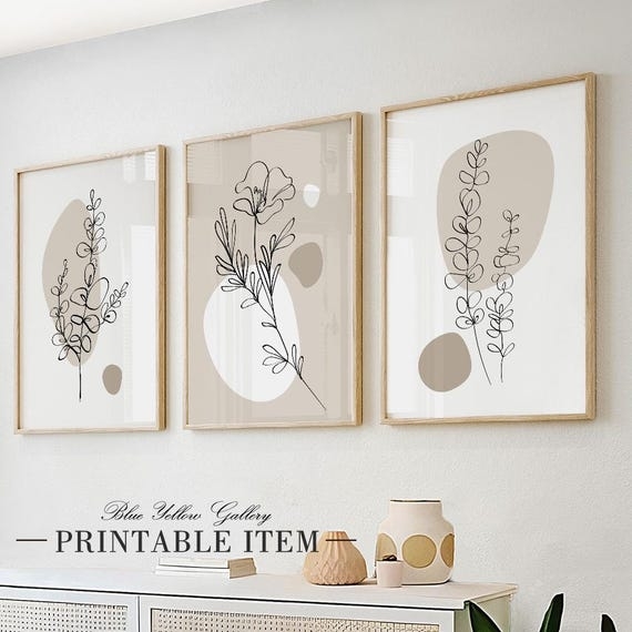 Wall Art: Japandi Style Botanical Triptych, 3-Piece Minimalist Line Art