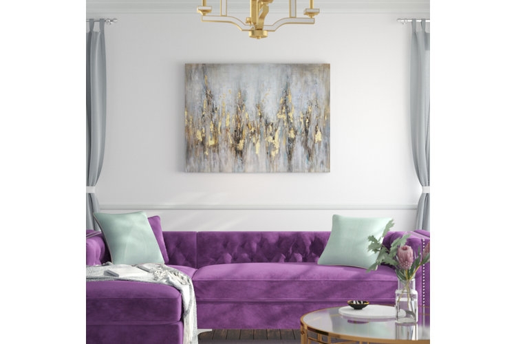 Wall Art: Large Abstract Canvas with Gold Finish over Purple Velvet Sofa